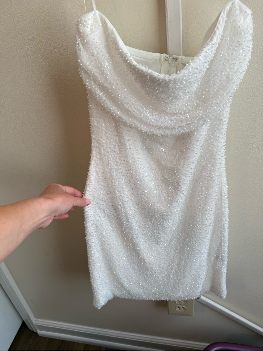 edge White Beaded Mini Dress Strapless with zipper in back